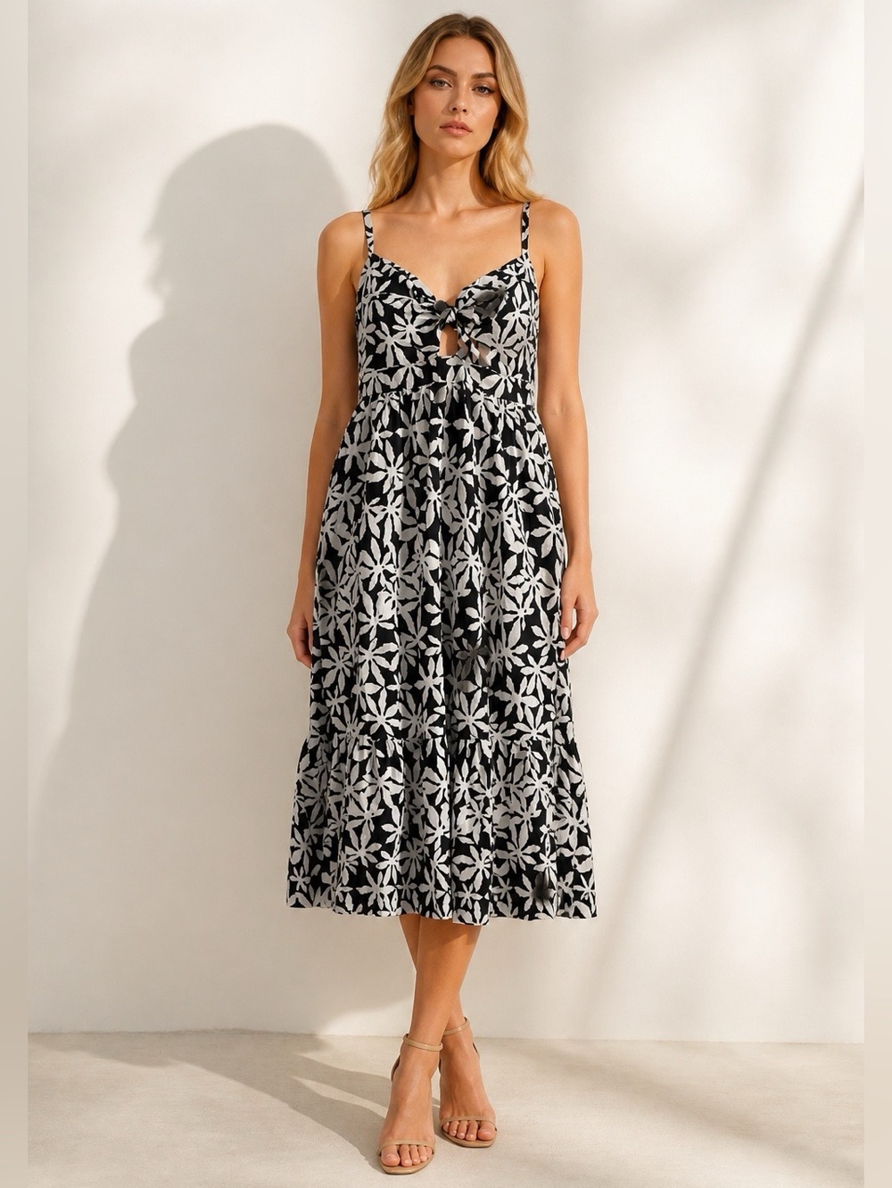 J. Crew Black and White Floral Tie-Front Maxi Sundress